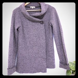 Long-sleeve, button-closure, cowl-neck cardigan.